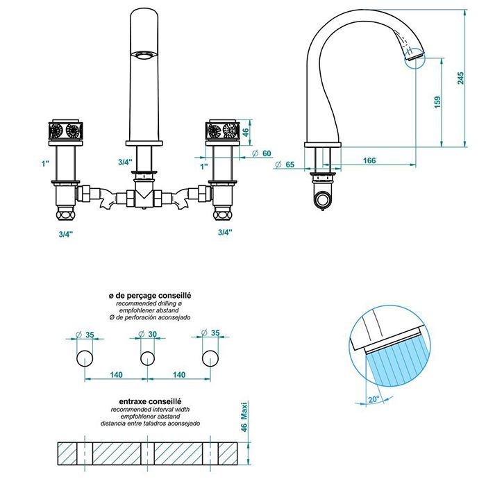 THG PARADISE Смеситель на борт ванны, на 3 отверстия, без ручного душа, цвет хром