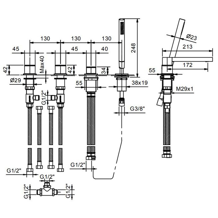 Fantini Mint Смеситель на борт ванны, на 2 источника, 4 отв., с ручн душем, без излива, цвет: нержавеющая сталь