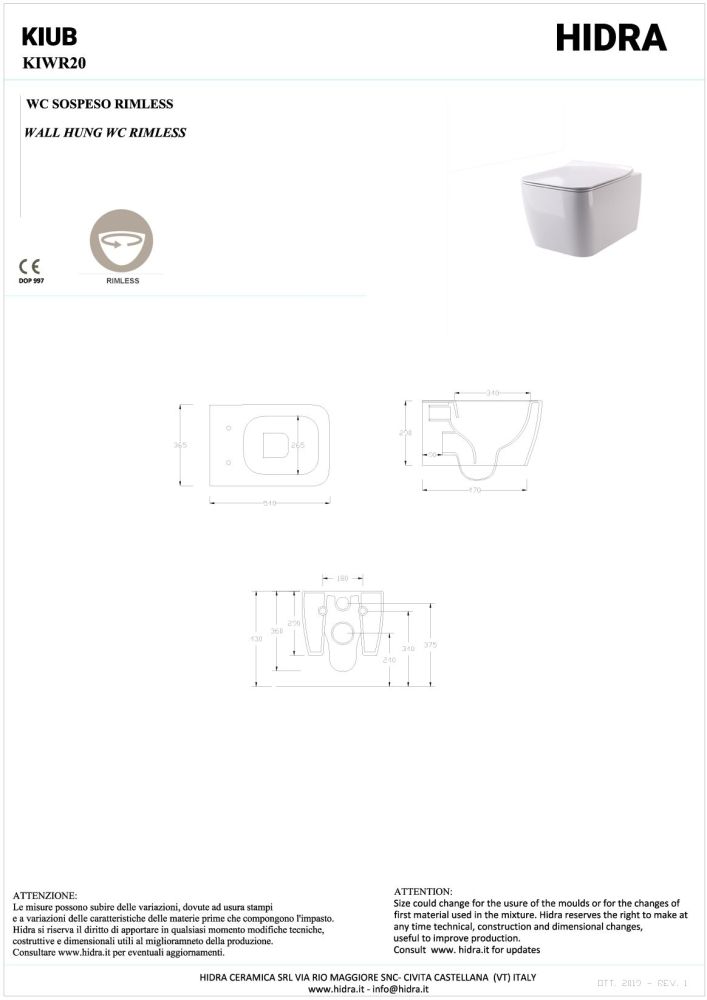 Hidra Kiub, подвесной безободковый унитаз c крепежом, 54x36,5 см, цвет белый глянцевый, артикул KIWR20/001