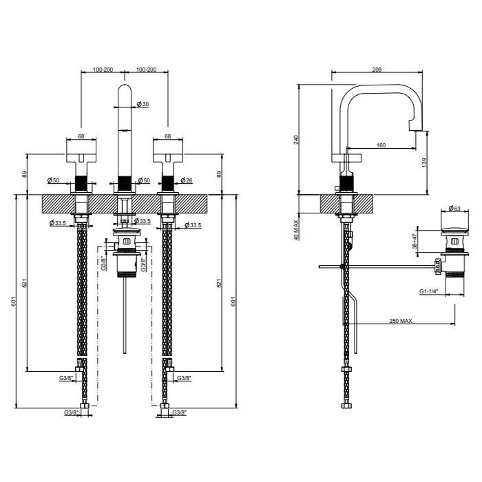 GESSI INCISO Смеситель для раковины на 3 отверстия с донным клапаном, излив 160мм, h=240мм, цвет: золото