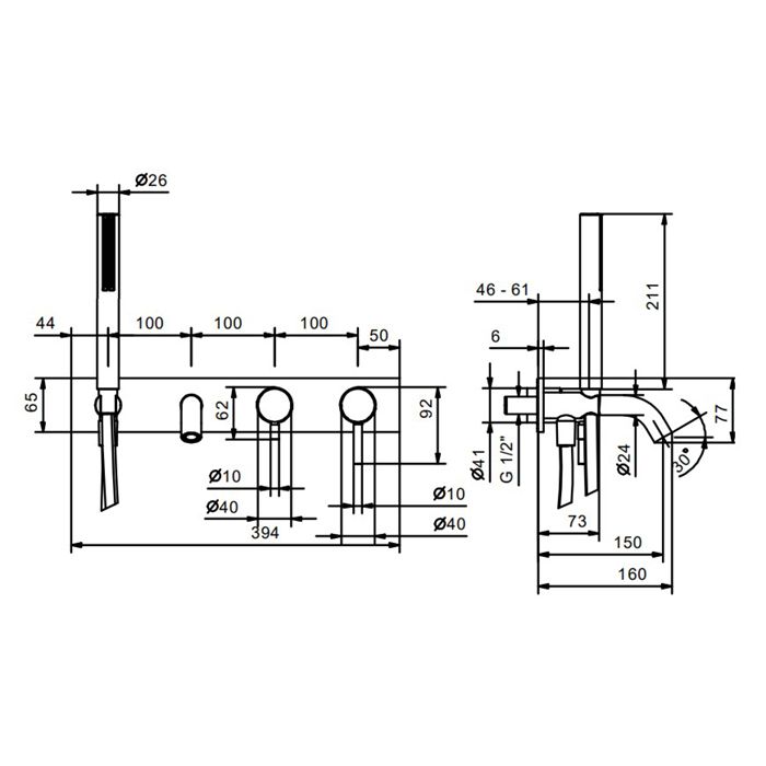 Fantini Nostromo Смеситель для ванны, встраиваемый, с ручн душем, излив 150мм, (наружняя часть), цвет: хром