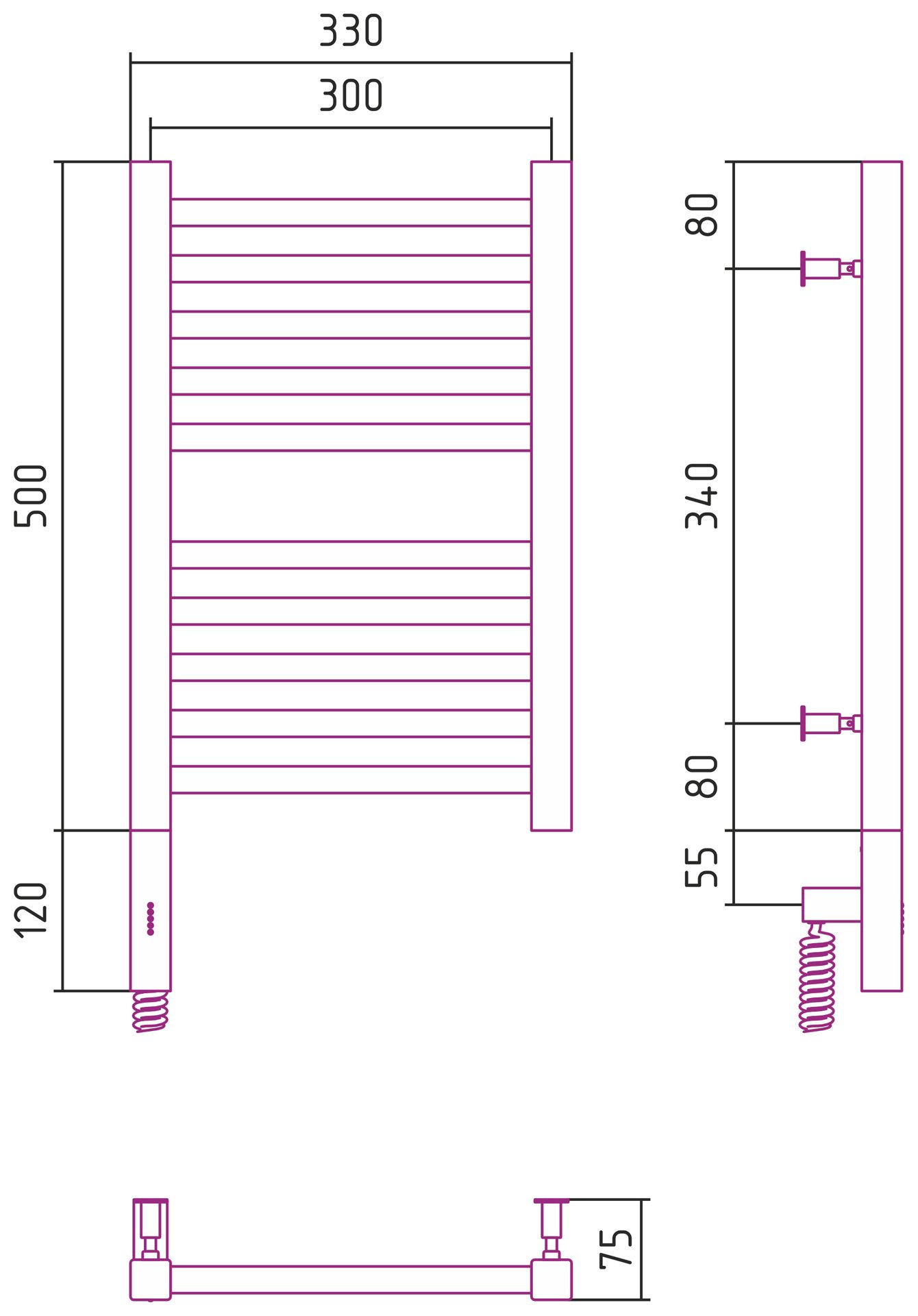 Полотенцесушитель, Сунержа, Модус 3.0, электрический, ширина, мм-330, глубина, мм-75, высота, мм-620, межосевое расстояние-300, нагревательный элемент-ТЭН, подключение-нижнее слева, электрокомплект-МЭМ, мощность, Вт-300, материал-нержавеющая сталь, назнач