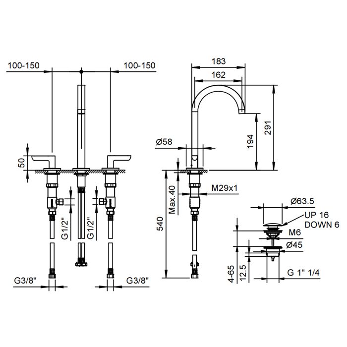 Fantini Icona Deco Смеситель для раковины, 3 отв., с нажимн. донным клапаном, излив 160мм, цвет: хром
