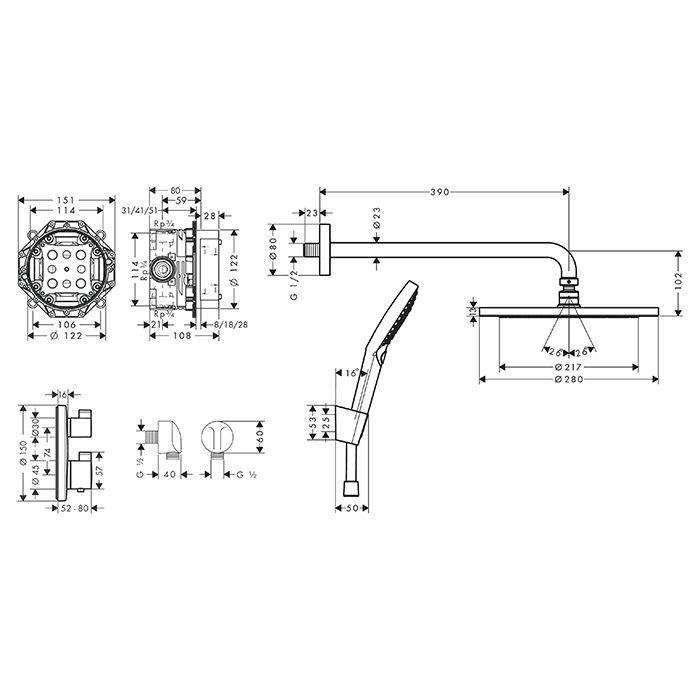 HG Croma Душ. система hansgrohe Croma 280 1jet скрытого монтажа, с термостатом Ecostat S, мат черный матовый
