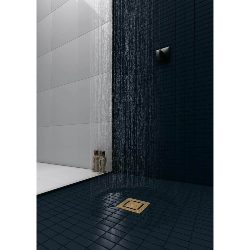 Трап BERGES водосток PLATZ Norma 100х100, золото глянец, S-сифон D50 H60 боковой