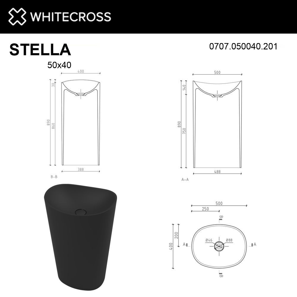 Умывальник WHITECROSS Stella 50x40 (черный мат) иск. камень Умывальник WHITECROSS Stella 50x40 (черный мат) иск. камень