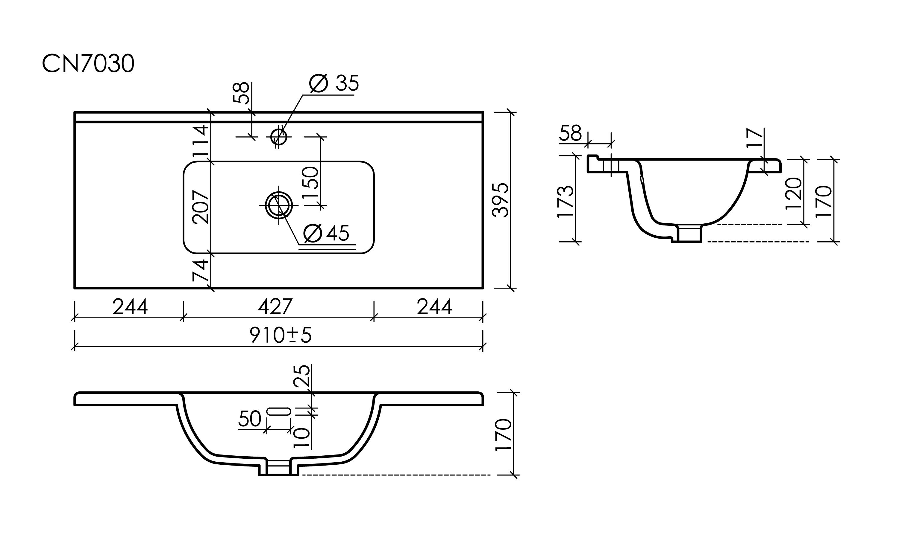 CN7030 Раковина мебельная накладная Компакт (Compact) 910x395x170, цвет белый, артикул CN7030