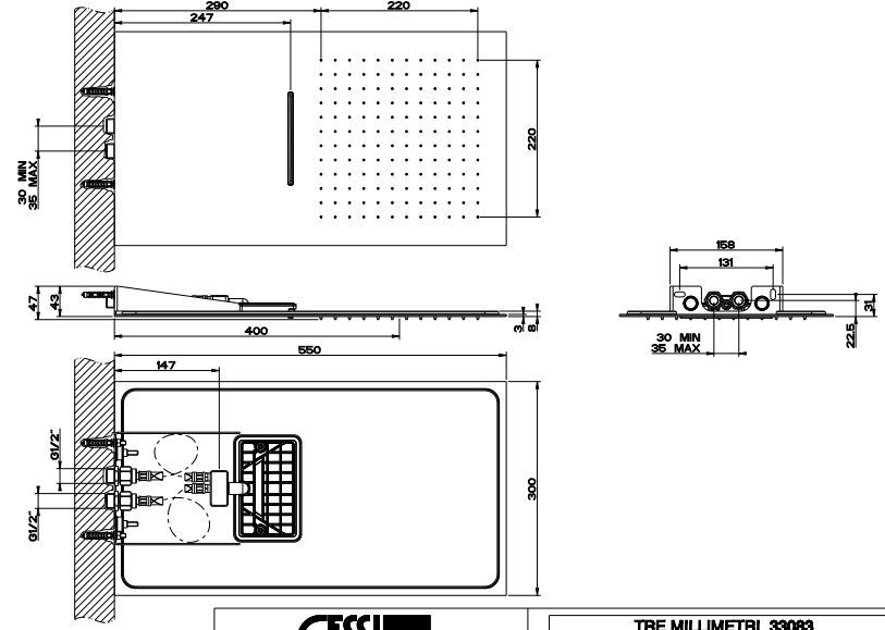 GESSI TREMILLIMETRI Верхний душ QUADRO 300х550 мм., настенный монтаж, 2 режима: тропический ливень, водопад, цвет Black Metal Brushed PVD