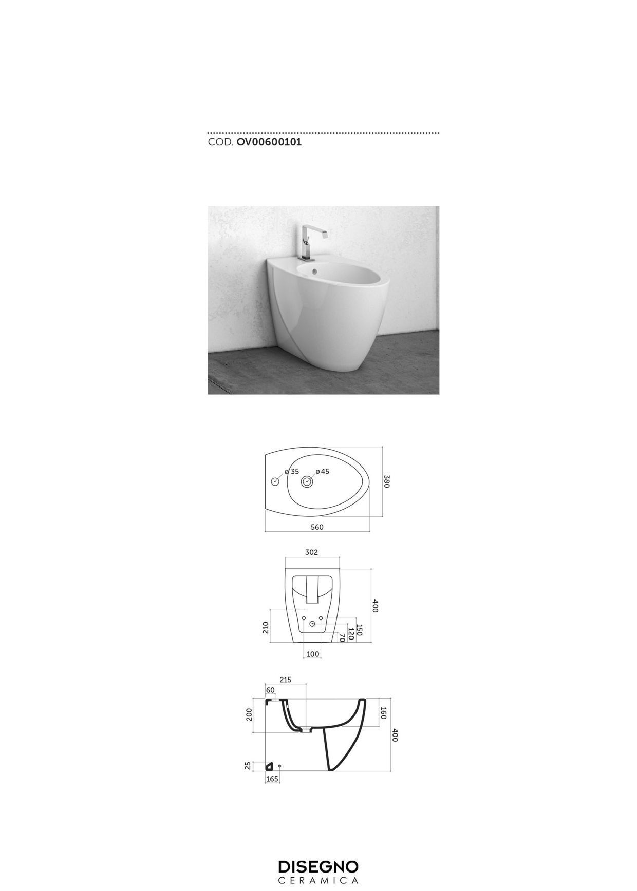 Disegno ceramica Ovo, напольное биде 56x38хh40, цвет белый глянцевый