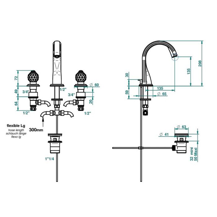 THG MANDARINE CRISTALLIA DIAMANT Смеситель для раковины на 3 отверстия, с донным клапаном, цвет хром
