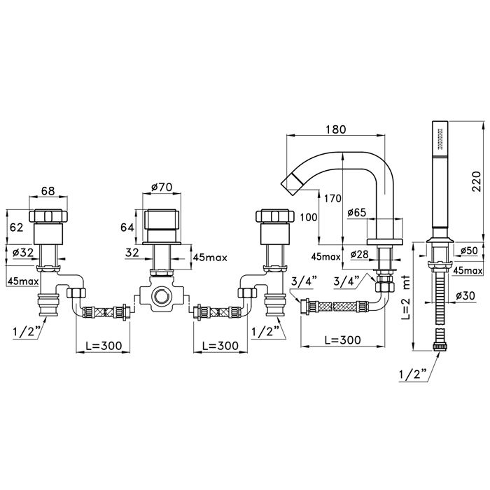 Stella Aster Смеситель на борт ванны на 5 отверстий 3256TR308, цвет: хром