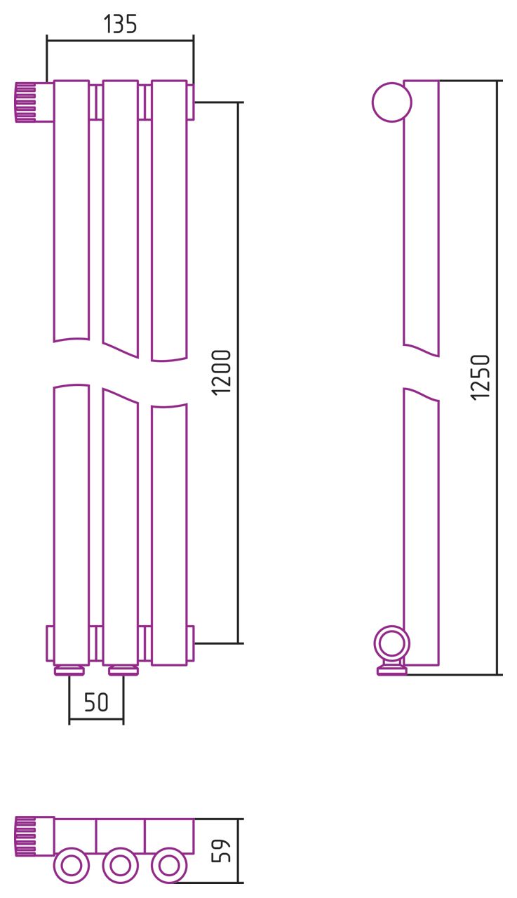 Отопительный радиатор ЭСТЕТ-0 н/ж EU50 левый 1200х135 / 3 сек (САТИН)