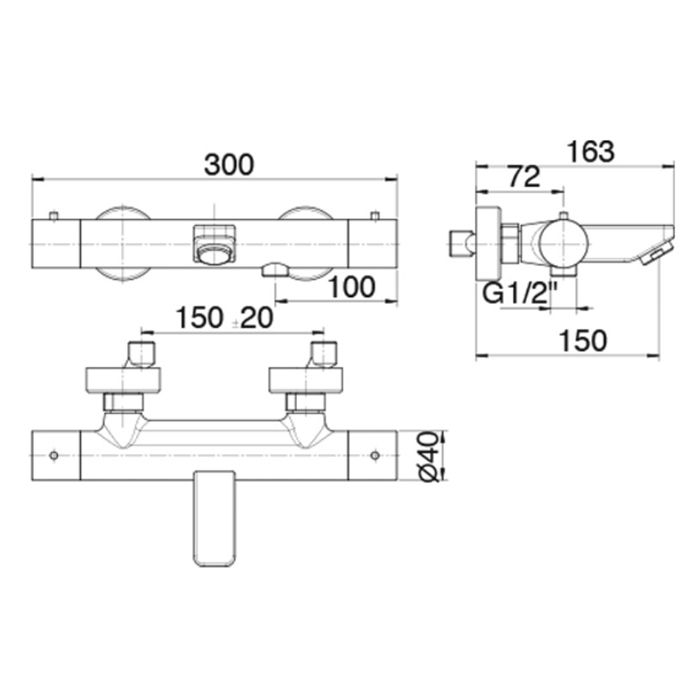 Fantini Lame Смеситель для ванны, настенный, термостатический, на 2 источника, без душевого набора, излив 150мм, цвет: хром