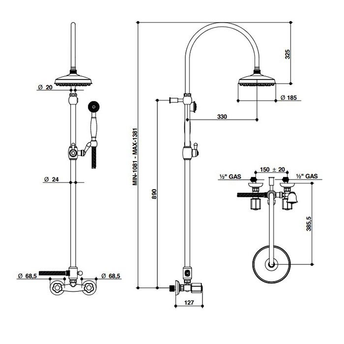 Bongio Fleur Blanc  Душевая стойка с верхней лейкой D-185 мм и ручным душем на держателе,хром/белый