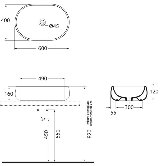 AZZURRA NUVOLA Раковина накладная без отверстия под смеситель 60х40см, цвет белый
