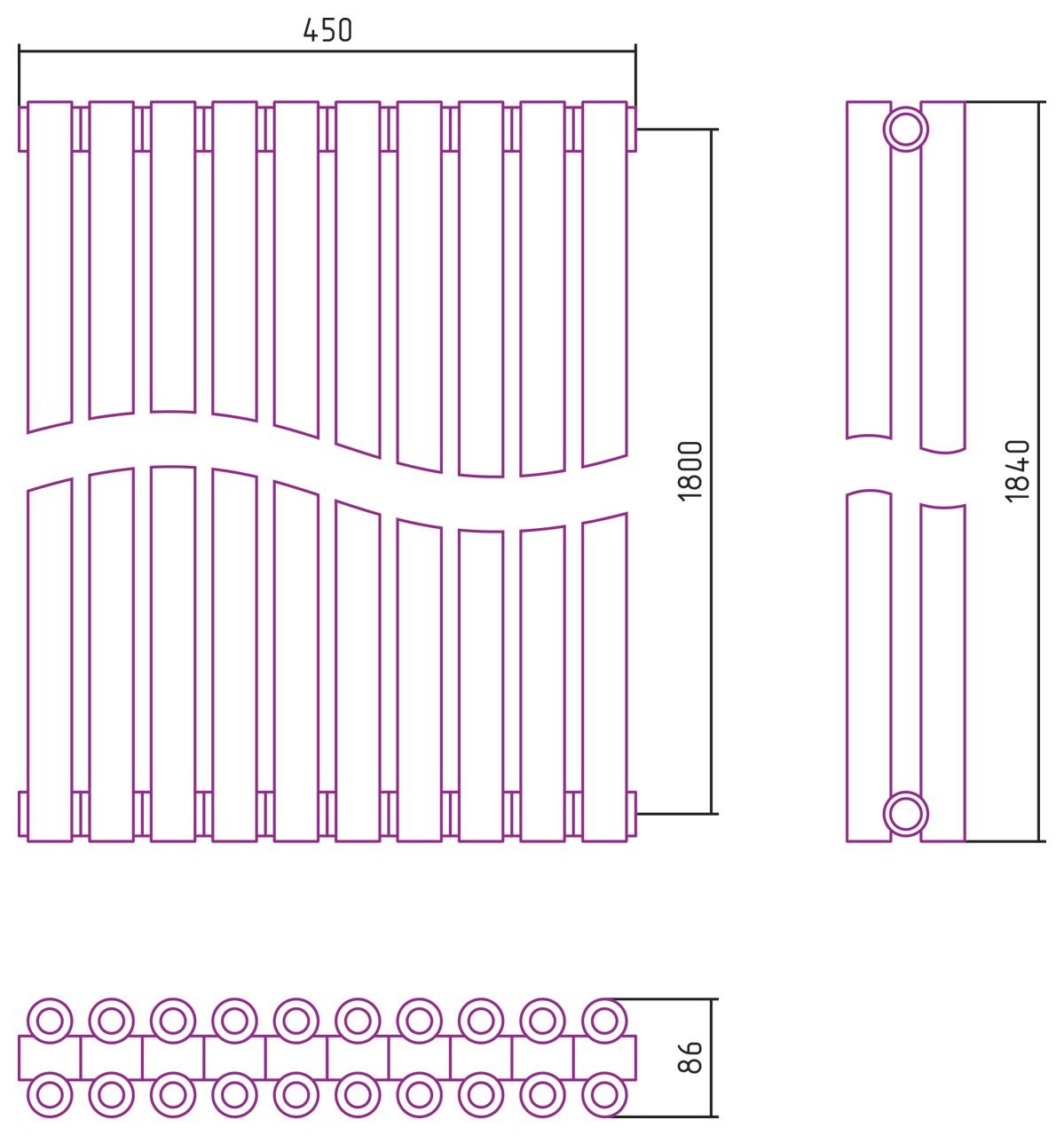 Отопительный радиатор ЭСТЕТ-00 н/ж 1800х450 / 10 сек (Матовое ЗОЛОТО)