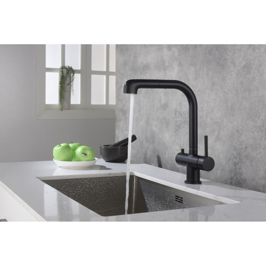 Смеситель для кухни с подключением фильтра и выдвижной лейкой Timo Saona 2346/03FL черный, артикул 2346/03FL