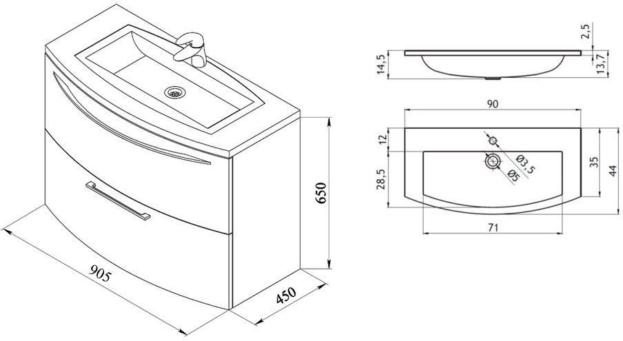 Тумба под раковину De Aqua Лонг 90 белый Тумба под раковину De Aqua Лонг 90 белый