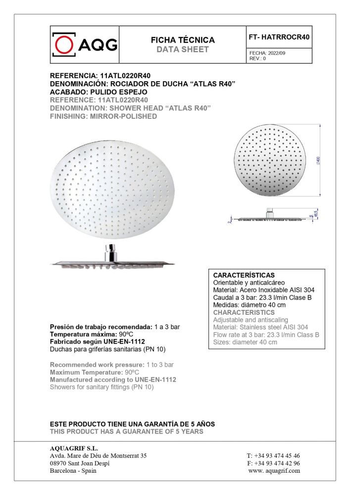AQG, душевая круглая ультраплоская антикальковая головка ATLAS Ø40 см, цвет хром