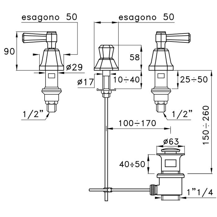 Stella Eccelsa Leve Смеситель для биде на 3 отверстия 3600, без излива, с донным клапаном, цвет: хром