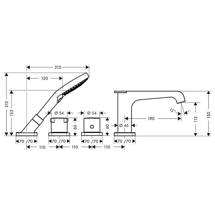 AX Citterio E Смеситель на ванну 4 отв. , цвет шлифованная бронза