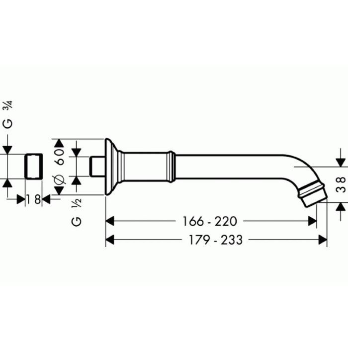AX Montreux Излив для ванны 166-220мм, настенный, ¾’или ½’, цвет: хром AX Montreux Излив для ванны 166-220мм, настенный, ¾’или ½’, цвет: хром