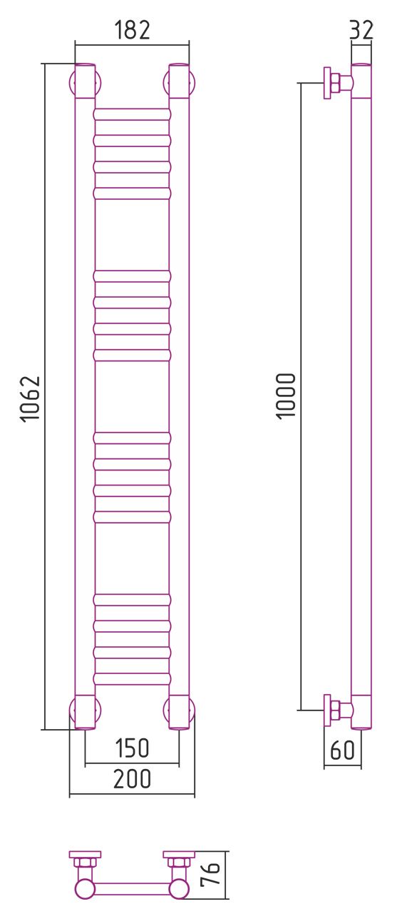 Полотенцесушитель, Сунержа, Богема +, прямая, водяной, ширина, мм-200, глубина, мм-76, высота, мм-1062, межосевое расстояние-150, подключение-диагональное/нижнее/вертикальное, температура теплоносителя-до 95°С, мощность-Вт-263, присоединительный размер-НР