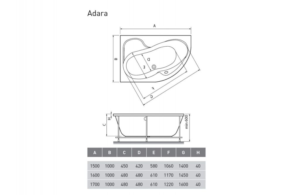 Ванна акриловая правосторонняя Relisan ADARA Гл000013732, 170x100, артикул Гл000013732