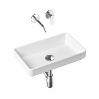 Комплект 4 в 1 Lavinia Boho Bathroom Sink Slim 21510135, накладная фарфоровая раковина 55 см, встраиваемый смеситель со скрытым механизмом, латунный сифон, донный клапан quick-clac