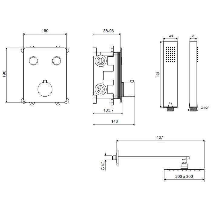 Термостатическая душевая система скрытого монтажа EXCELLENT Krotos AREX.SET.8045BL (черный мат)