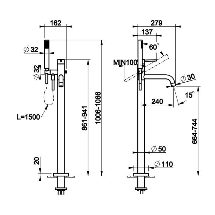 Gessi Emporio Via tortona Внешние части для напольного смесителя для ванны с душевой лейкой, цвет: Black XL, артикул 24943#299