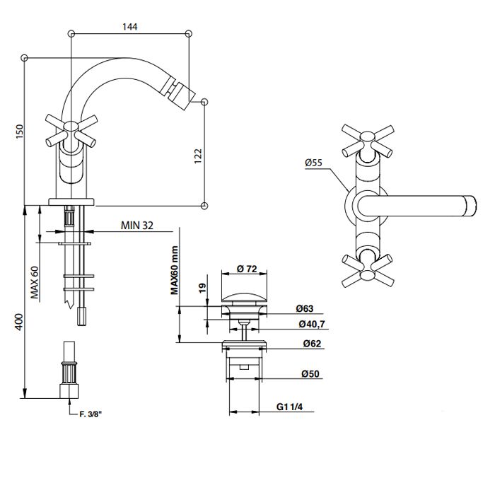 Bongio T Cross Смеситель для биде, излив 144 мм. цвет хром