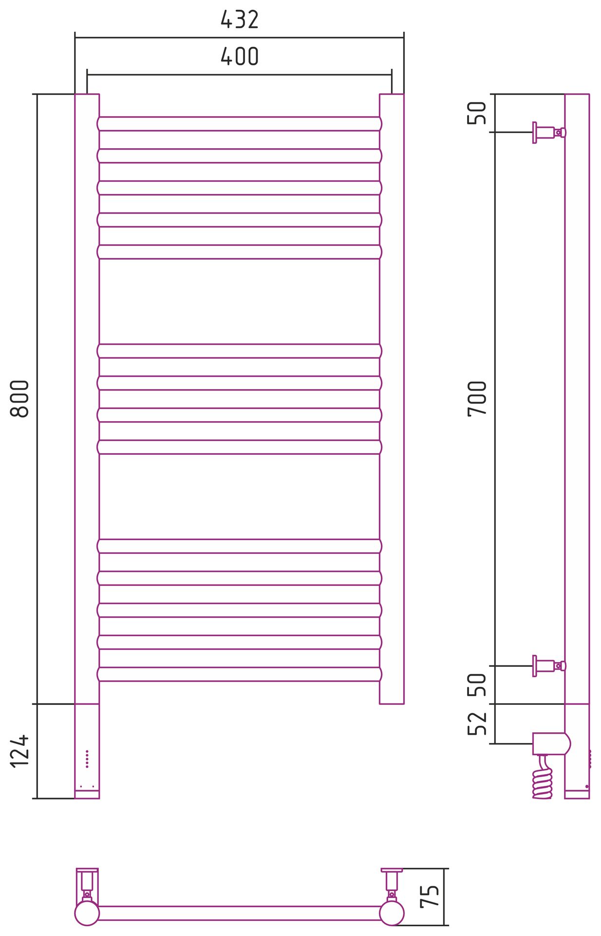 Полотенцесушитель электрический "БОГЕМА 3.0" прямая 800х400 / МЭМ левый (Шампань)