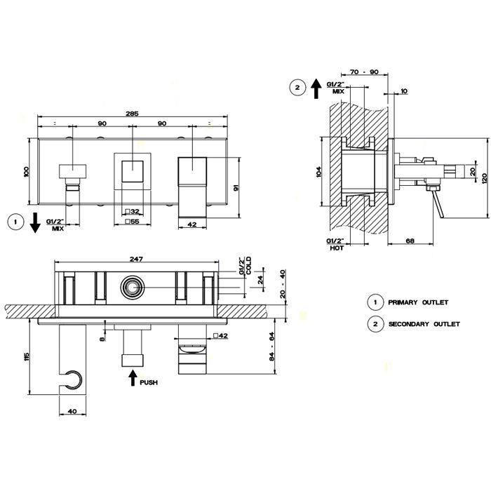 Gessi Rettangolo K Встраиваемый смеситель однорычажный, подводом воды, держателем лейки и переключателем PUSH(внешние части), цвет: черный