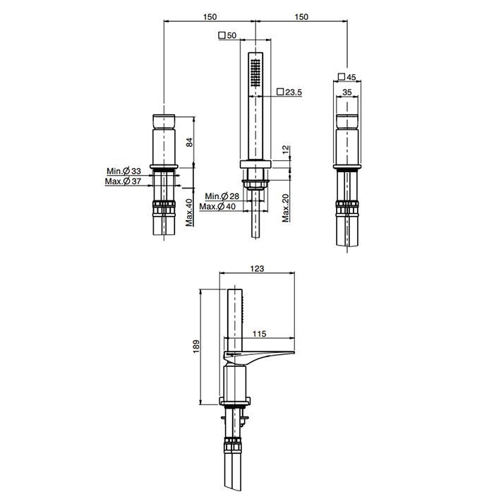 Fima Carlo Frattini Zeta Смеситель на борт ванны, на 3 отв., с ручным душем, цвет: чёрный матовый, артикул F3974/1NNS