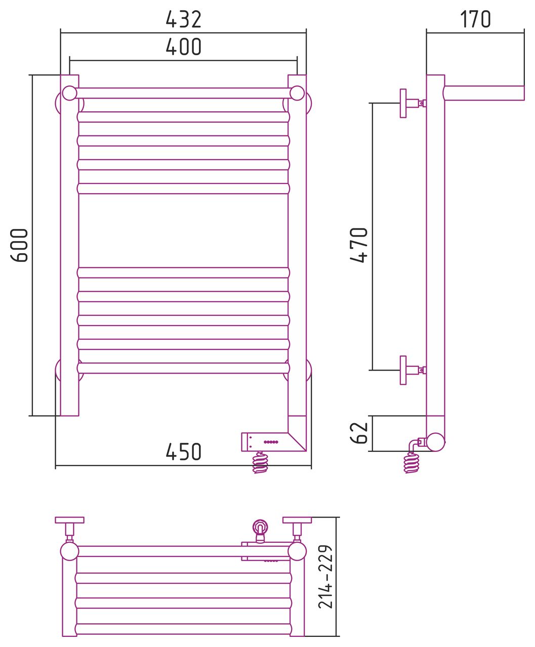 Полотенцесушитель электрический "БОГЕМА 2.0" 1П 600х400 / МЭМ правый (Без покрытия)