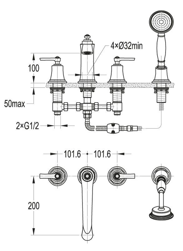 Смеситель на борт ванны с ручным выдвижным душем CEZARES LIBERTY-F-BVD4-01 арт. LIBERTY-BVD4-BR, артикул LIBERTY-BVD4-BR