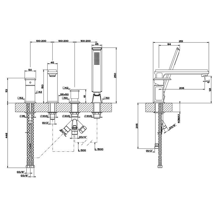 Gessi Eleganza Смеситель для ванны на 4 отверстия, с переключателем, изливом и ручным душем, цвет: шлифованное золото