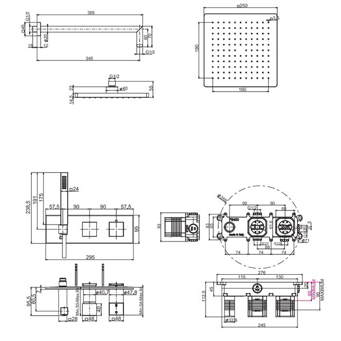 Fima Carlo Frattini Sistemi doccia Душевая система, верхний душ 25х25см., с термостатическим смесителем и ручным душем, на 2 источника, цвет: золото