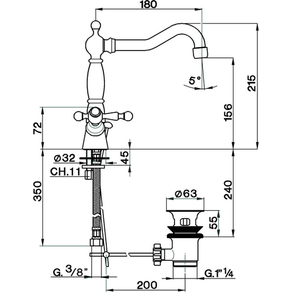 CISAL Arcana America Смеситель для раковины на 1 отверстие, с донным клапаном, цвет золото