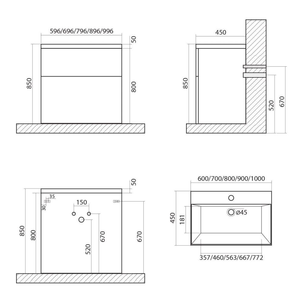База под раковину напольная с двумя выкатными ящиками, 900x450x800, AM-Verona-Push-900-2C-PIA-Ven, артикул AM-Verona-Push-900-2C-PIA-Ven
