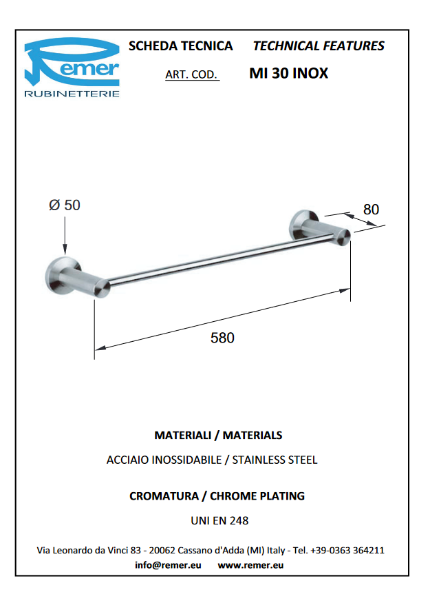 Minimal перекладина 60 см Mi30 INOX