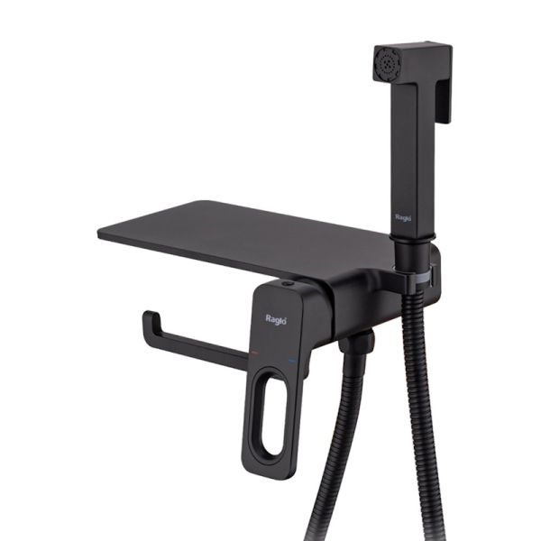 Гигиенический душ со смесителем встраиваемый с полкой и бумагодержателем Raglo R51.55.06, черный