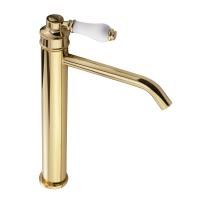 ERMITAGE MINI Смеситель для раковины моноком. высокий, излив 18см, ручка сверху, белый/золото