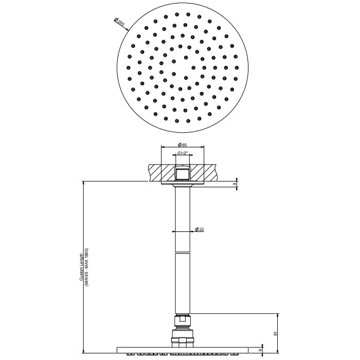 GESSI INCISO Потолочная душевая головка шарнирная на 1/2", Ø200мм, длина изготавливается под заказ, цвет: золото