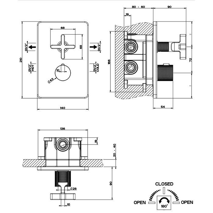 GESSI INCISO Встраиваемый термостатический смеситель на 2 источника, резьба 1/2'' (внешняя часть), цвет: gold brushed CCP