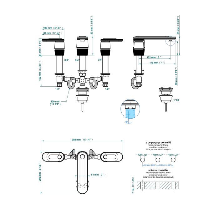 THG CORVAIR A MANETTES FIOR DI BOSCO Смеситель для раковины на 3 отверстия, для установки на мраморную столешницу, с донным клапаном, цвет Blush PVD