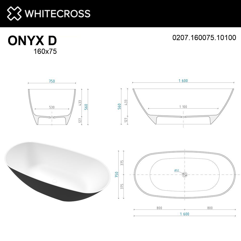 Ванна WHITECROSS Onyx D 160x75 (черный/белый глянец) иск. камень