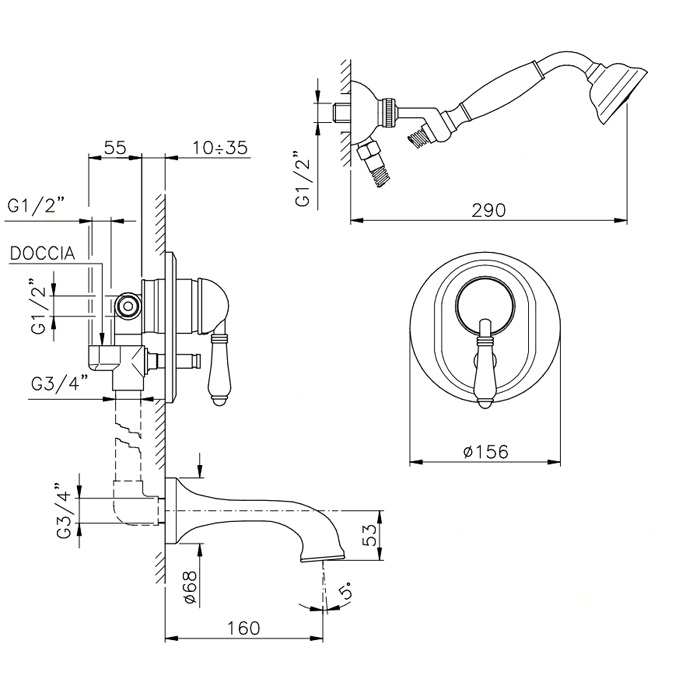 Nicolazzi P.m. Blanc A Смеситель для ванны однорычажный, встраиваемый, с изливом 160мм и ручным душем, ручки состаренная керамика, цвет: хром