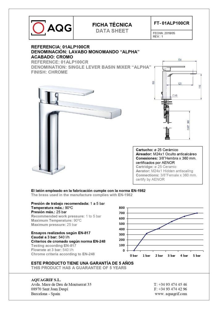 AQG Alpha, однорычажный смеситель для раковины без донного клапана, цвет хром, артикул 01ALP100CR